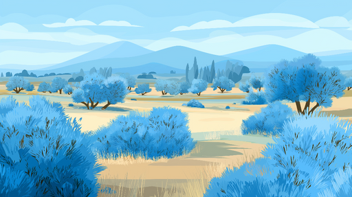 Papier peint paysage bleu Étendue de nature stylisée avec arbres et collines