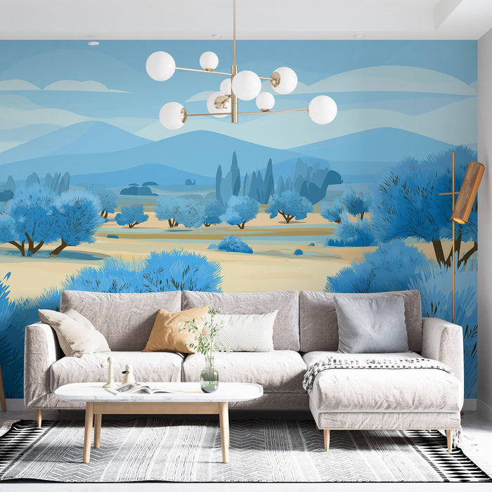 Un salon contemporain avec un papier peint illustrant un paysage apaisant en nuances de bleu, évoquant la sérénité d'une nature stylisée.