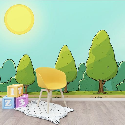 Une chambre d'enfant avec un papier peint illustratif représentant un paysage ensoleillé, des arbres stylisés et une ambiance joyeuse et ludique.