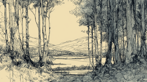 Papier peint paysage boisé Illustration délicate de forêts et montagnes