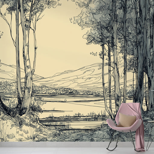 Une pièce lumineuse avec un papier peint illustrant un paysage naturel en noir et blanc, évoquant une atmosphère apaisante et artistique.