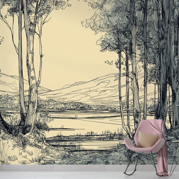 Une pièce lumineuse avec un papier peint illustrant un paysage naturel en noir et blanc, évoquant une atmosphère apaisante et artistique.