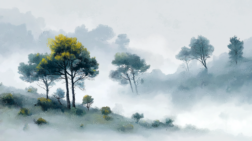 Papier peint paysage brumeux Arbres embrumés avec touches de vert