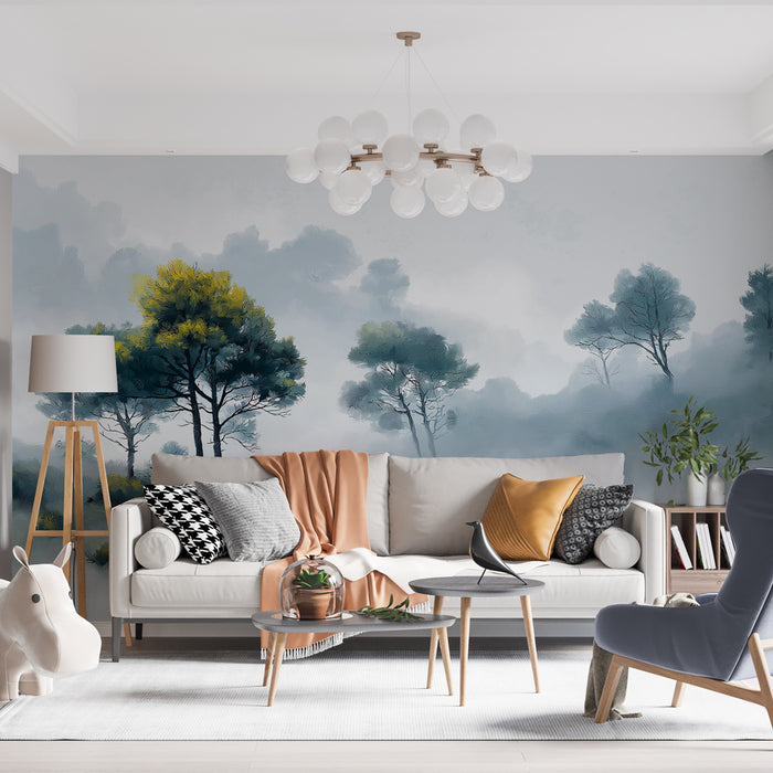 Une pièce de salon moderne avec un papier peint représentant un paysage brumeux de forêts aux teintes douces de bleu et vert, créant une atmosphère apaisante et naturelle.