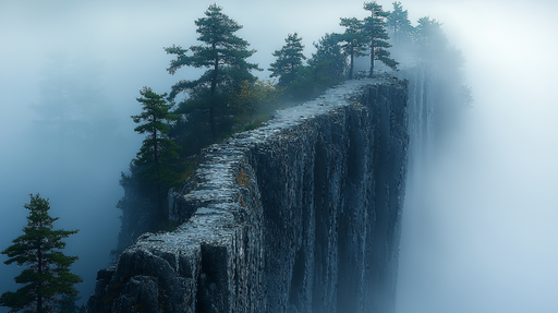 Papier peint paysage brumeux Chemin escarpé bordé d'arbres dans une atmosphère mystique