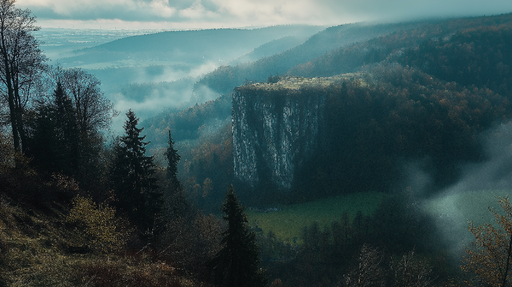 Papier peint paysage brumeux Falaises majestueuses dans une forêt mystérieuse