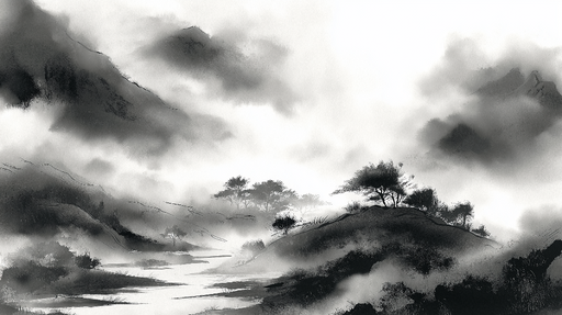 Papier peint paysage brumeux Montagnes et vallées dans des tons monochromes