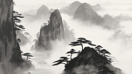 Papier peint paysage chinois en noir et blanc Montagnes brumeuses et pins élégants