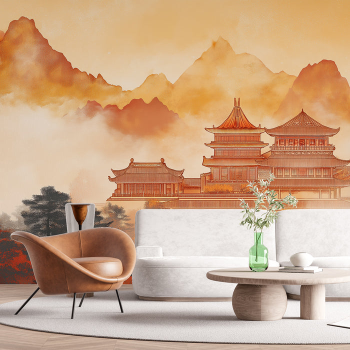 Une pièce moderne avec un papier peint représentant des pagodes dans un paysage montagneux aux teintes chaudes, créant une atmosphère zen et apaisante.