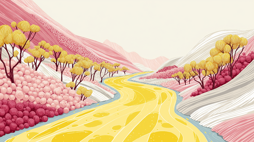 Papier peint paysage coloré Rivière jaune serpentine au milieu de collines pastel