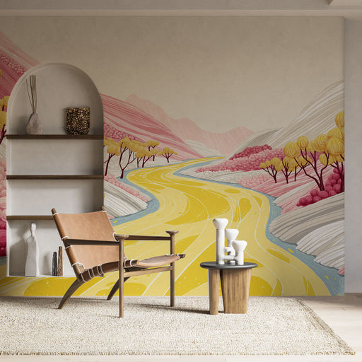 Une pièce moderne avec un papier peint illustrant un paysage stylisé aux couleurs pastel, évoquant une ambiance sereine et poétique.
