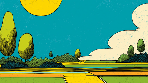 Papier peint paysage coloré Un paysage stylisé avec des teintes vives et une grande lumière