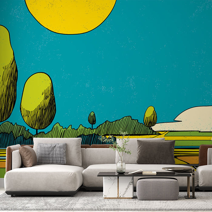 Un salon moderne avec un papier peint illustratif représentant un paysage stylisé aux couleurs vives, évoquant une ambiance joyeuse et ludique.
