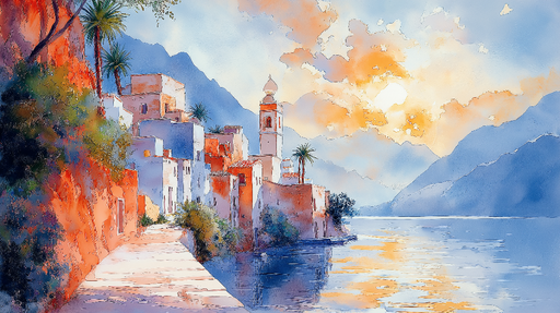 Papier peint paysage côtier Aquarelle méditerranéenne au coucher de soleil