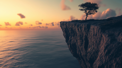 Papier peint paysage côtier Arbre solitaire sur une falaise au coucher de soleil