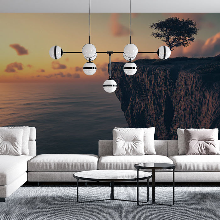 Un salon moderne avec un papier peint représentant un paysage côtier au coucher de soleil, créant une atmosphère sereine et contemplative.