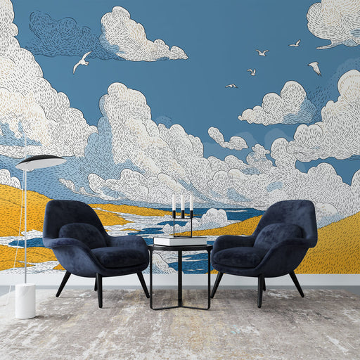 Un salon moderne avec un papier peint représentant un paysage marin stylisé, mêlant des nuages blancs et des teintes de bleu et de jaune, créant une atmosphère sereine et apaisante.