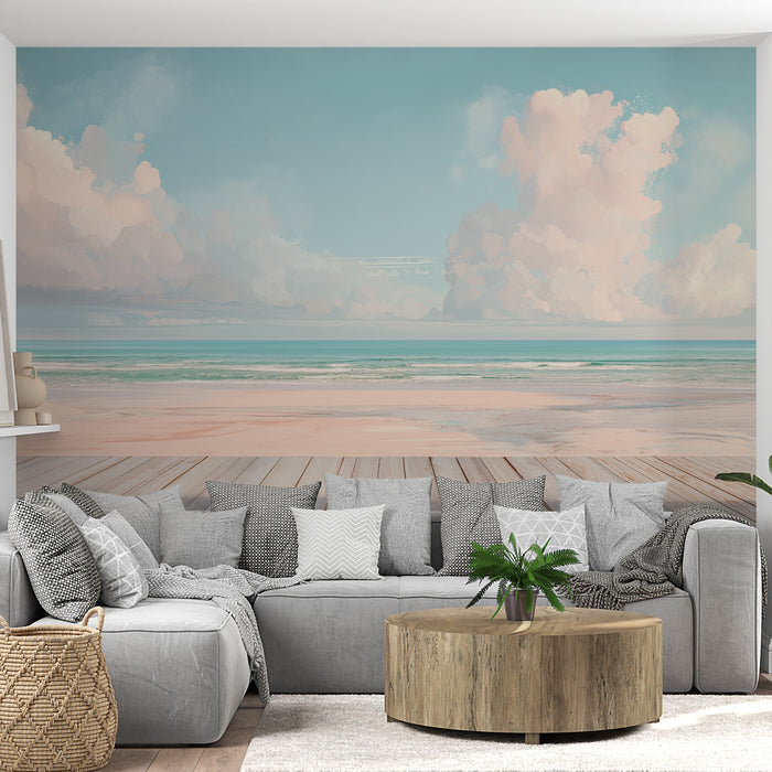Un salon lumineux avec un papier peint représentant une plage sereine, des nuances douces de bleu et de rose créant une atmosphère apaisante et estivale.