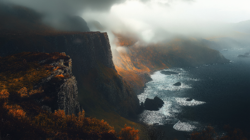 Papier peint paysage côtier Falaises majestueuses et brume marine