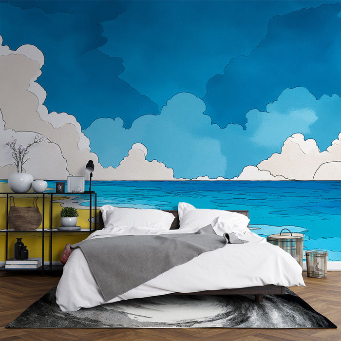 Une chambre moderne avec un papier peint illustrant un ciel bleu vibrant et des nuages stylisés, créant une ambiance sereine et apaisante.