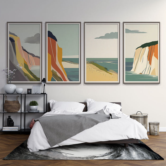 Une chambre moderne avec un papier peint illustrant des paysages côtiers stylisés aux teintes douces et apaisantes, évoquant une ambiance sereine et artistique.