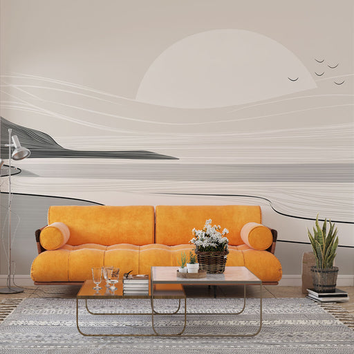 Une pièce moderne avec un papier peint représentant un paysage minimaliste en lignes grises et beige, évoquant une atmosphère calme et apaisante.