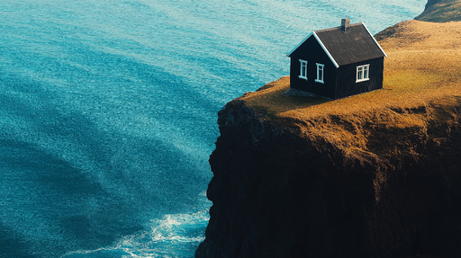 Papier peint paysage côtier Maison noire au bord de l'océan