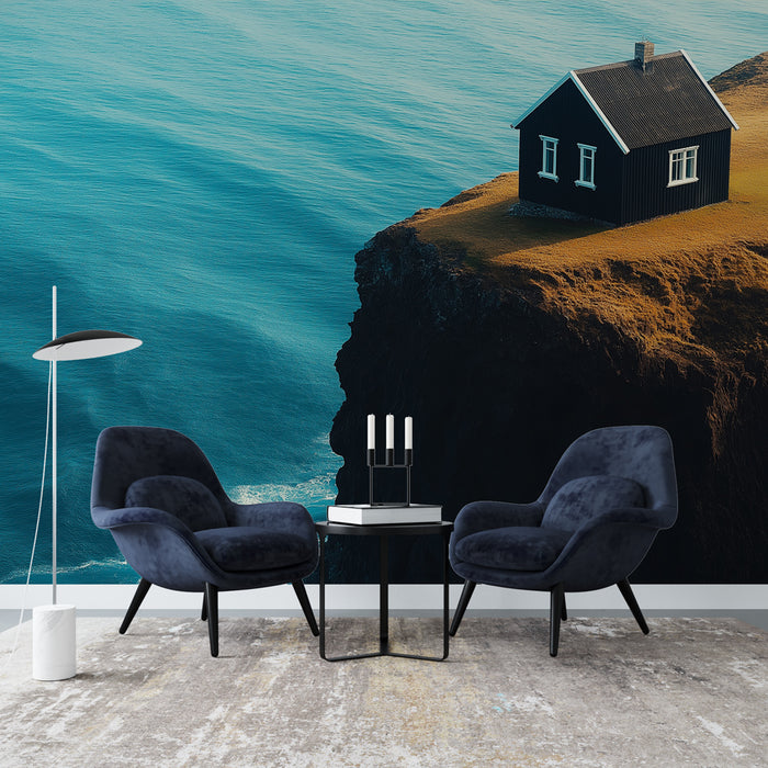 Papier peint paysage côtier | Maison noire au bord de l'océan