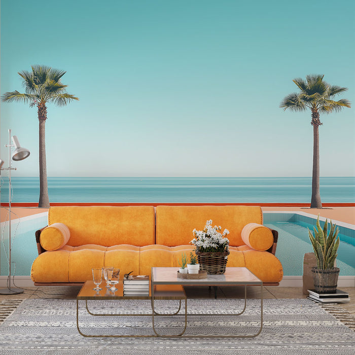 Une pièce lumineuse avec un papier peint représentant une vue marine apaisante, où le bleu du ciel se mêle à des palmiers et à l'horizon.