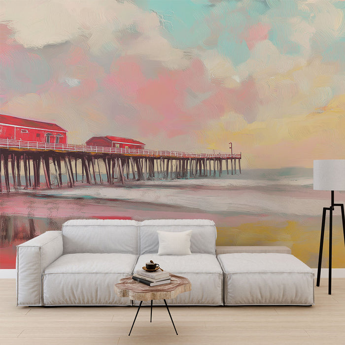 Une pièce de vie moderne avec un papier peint représentant un paysage côtier aux teintes pastel, évoquant sérénité et évasion.