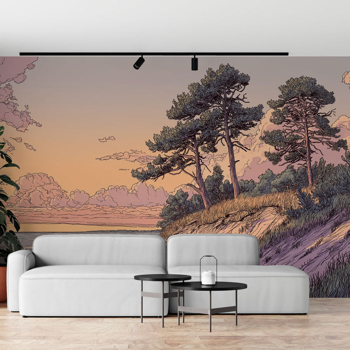 Un salon moderne avec un papier peint illustrant un paysage côtier au coucher de soleil, où des pins se dressent sur une colline, créant une atmosphère sereine et contemplative.
