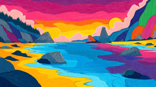 Papier peint paysage côtier Plage e avec rochers et ciel coloré