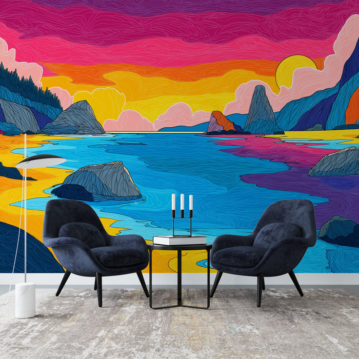 Une pièce moderne avec un papier peint coloré représentant un paysage marin stylisé aux teintes vives de bleu, orange et violet, créant une ambiance dynamique et artistique.