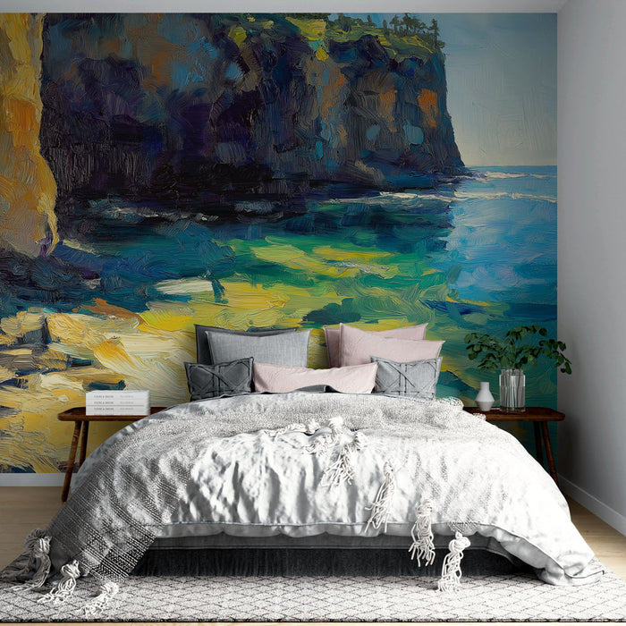 Une chambre apaisante avec un papier peint représentant un paysage côtier aux couleurs vives et aux textures riches, évoquant une ambiance sereine et naturelle.