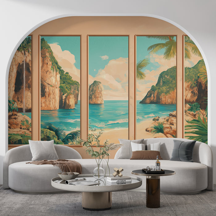 Un salon moderne avec un papier peint mural représentant un paysage côtier tropical aux teintes turquoise et beige, évoquant une atmosphère relaxante et estivale.