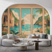 Un salon moderne avec un papier peint mural représentant un paysage côtier tropical aux teintes turquoise et beige, évoquant une atmosphère relaxante et estivale.