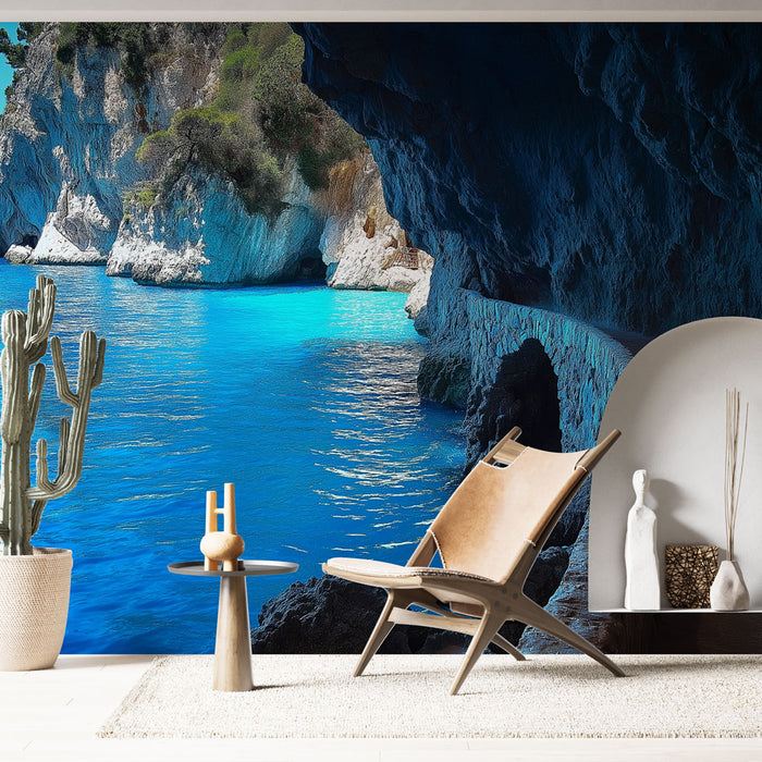 Papier peint paysage côtier avec rivage serein et eaux turquoise pour décoration murale moderne.