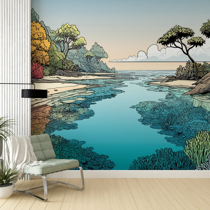 Une pièce moderne avec un papier peint illustrant un paysage marin coloré, mêlant des teintes de bleu, vert et des touches de rouge, évoquant une atmosphère apaisante et naturelle.