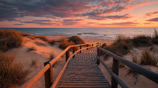 Papier peint paysage côtier Sentier en bois menant à la plage au coucher du soleil