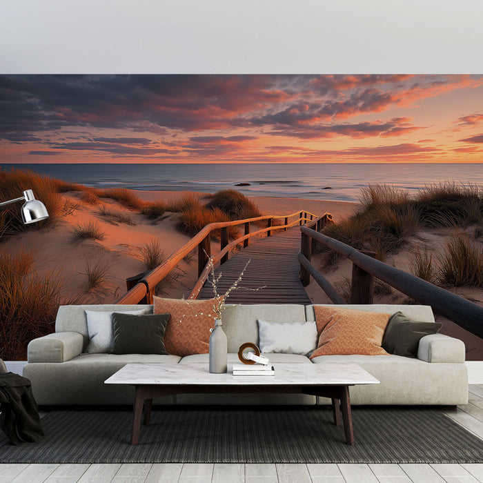 Un salon moderne avec un papier peint représentant un paysage côtier au coucher de soleil, mêlant des teintes orangées et bleutées, évoquant une atmosphère apaisante et naturelle.