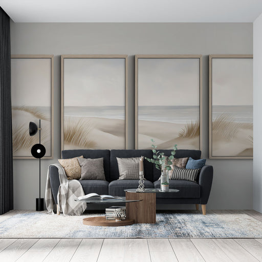 Un salon moderne avec un papier peint aux teintes douces évoquant la plage, agrémenté de motifs naturels apaisants qui créent une atmosphère sereine.