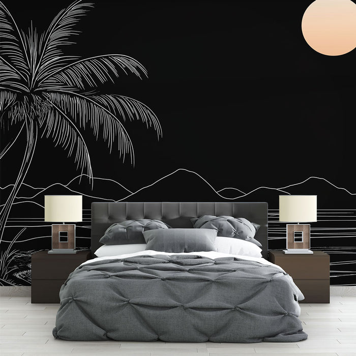 Papier peint paysage côtier avec silhouettes blanches de palmiers sur fond noir pour chambre moderne.