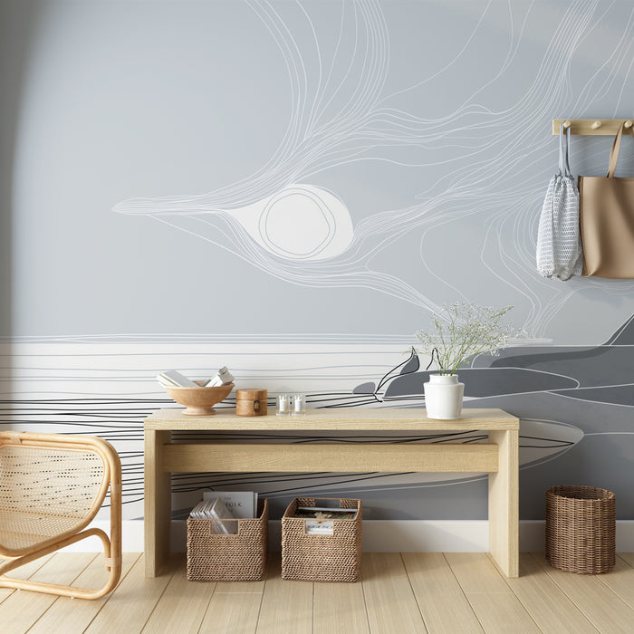 Une pièce lumineuse avec un papier peint minimaliste aux lignes fluides grises et blanches évoquant une ambiance sereine et contemporaine.