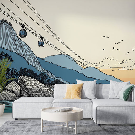 Un salon moderne avec un papier peint illustratif représentant des montagnes stylisées et des téléphériques sur un fond dégradé évoquant la sérénité et l'évasion.