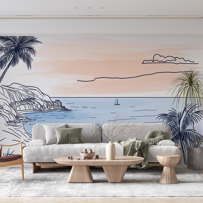 Papier peint paysage côtier avec coucher de soleil apaisant sur la plage pour salon moderne.