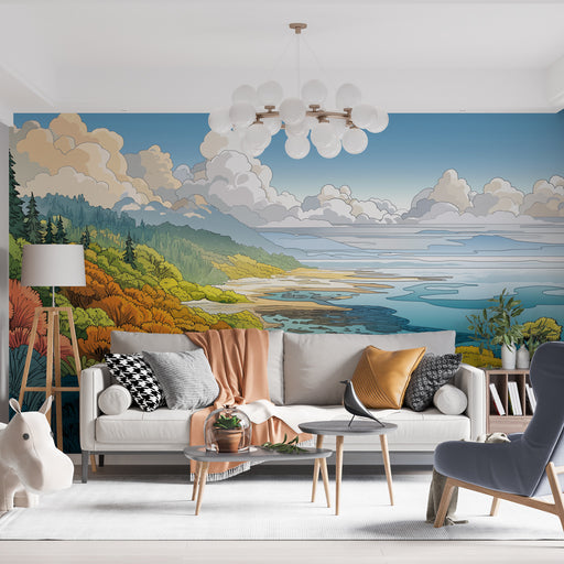 Un salon lumineux avec un papier peint illustrant un paysage côtier coloré, mêlant des teintes de vert, orange et bleu, créant une atmosphère apaisante et naturelle.