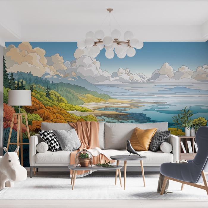 Un salon lumineux avec un papier peint illustrant un paysage côtier coloré, mêlant des teintes de vert, orange et bleu, créant une atmosphère apaisante et naturelle.