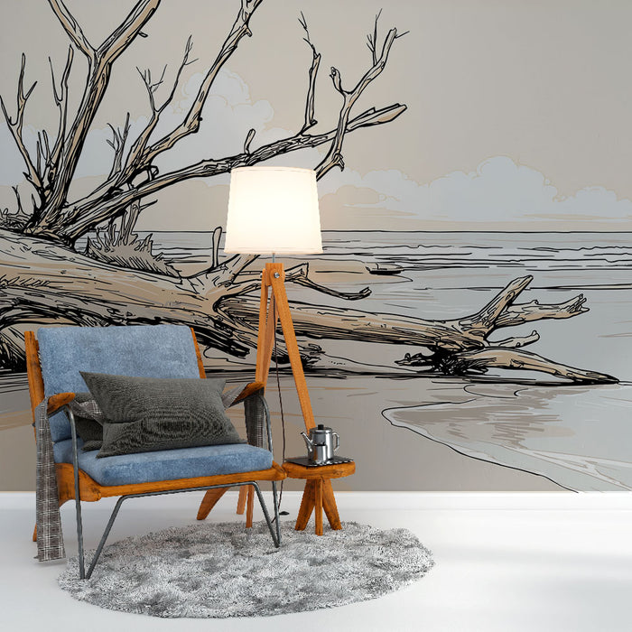 Une pièce de salon avec un papier peint représentant un paysage côtier minimaliste, où des branches dénudées se dessinent sur un fond doux et apaisant.