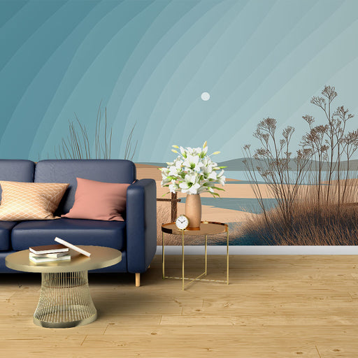 Un salon moderne avec un papier peint aux nuances de bleu évoquant un paysage côtier stylisé, apportant une atmosphère calme et apaisante.