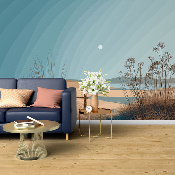 Un salon moderne avec un papier peint aux nuances de bleu évoquant un paysage côtier stylisé, apportant une atmosphère calme et apaisante.